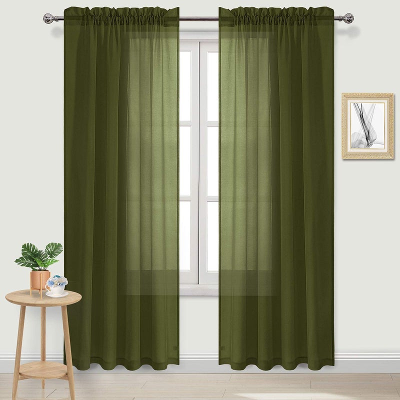 DWCN Olive Green Sheer Curtains Semi Transparent Voile Rod Pocket Curtains for Bedroom and Living Room, 52 x 84 inches Long, Set of 2 Panels - Image 1
